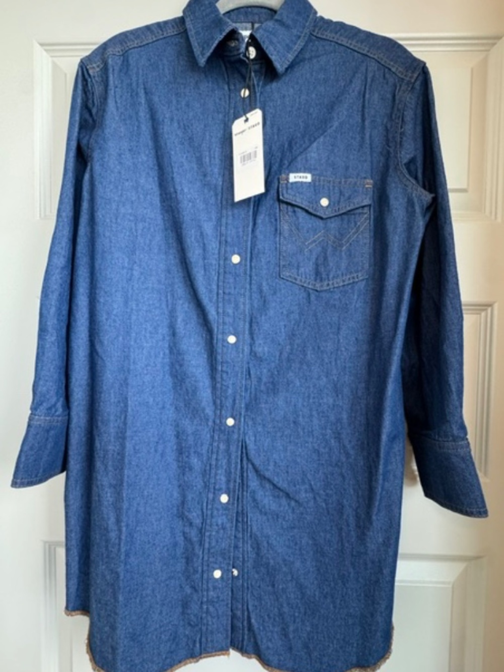 STAUD X Wrangler Oversized Western Denim Jean Snap Front Shirtdress Size XS - Picture 4 of 7